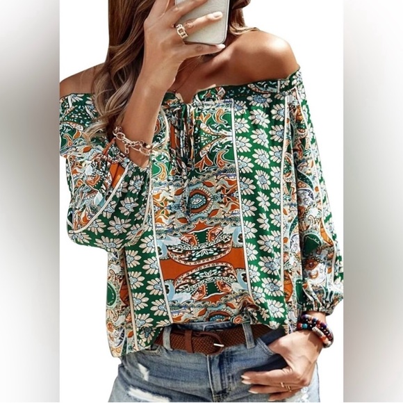 BOHO FLORAL PRINT OFF THE SHOULDER BLOUSE - Picture 3 of 9